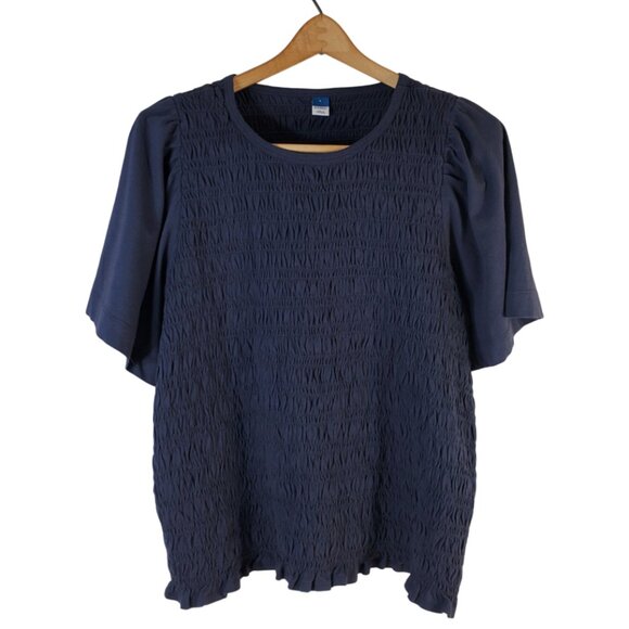 Old Navy Short-Sleeve Smocked Crinkled Top Blouse Size L Navy-Blue Relaxed Fit - Picture 1 of 5